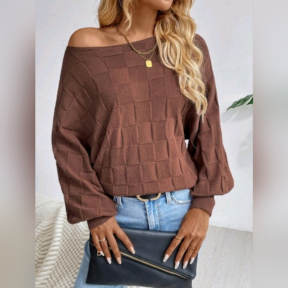 New Textured Basket Weave Knit Dolman Sleeve Sweater Top Brown - Picture 4 of 8